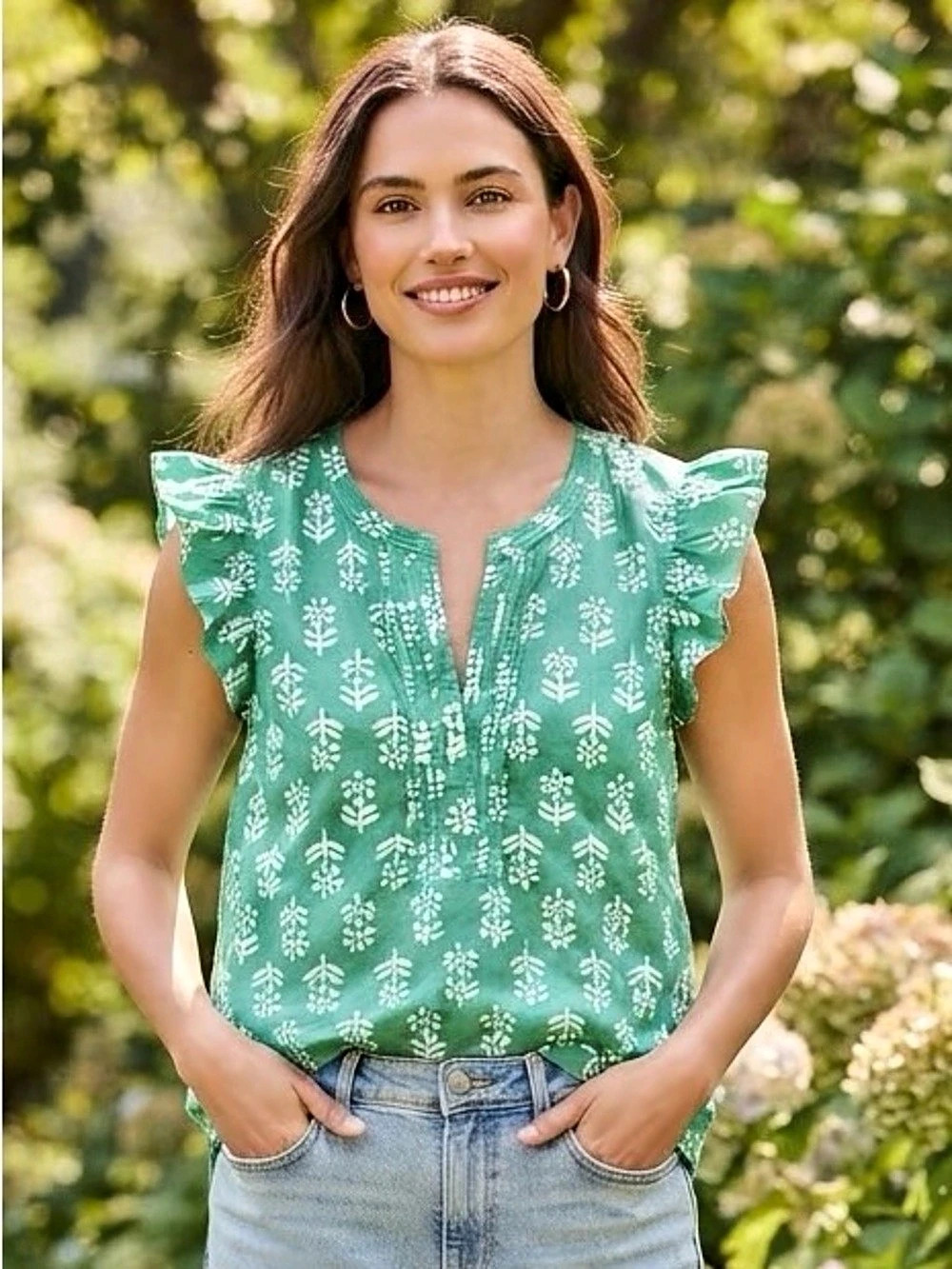 J.Crew Printed Flutter-Sleeve Top in Green Floral Print